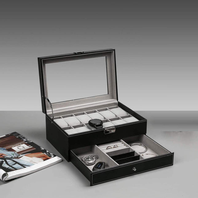 12 Slot PU Leather Lockable Watch and Jewelry Storage Boxes (Black).