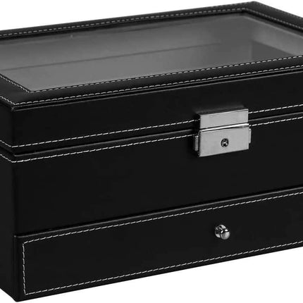 12 Slot PU Leather Lockable Watch and Jewelry Storage Boxes (Black).