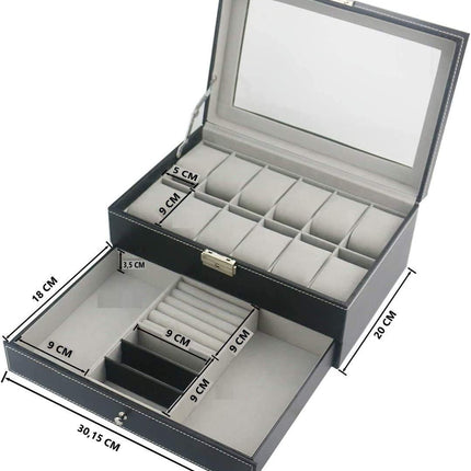 12 Slot PU Leather Lockable Watch and Jewelry Storage Boxes (Black).