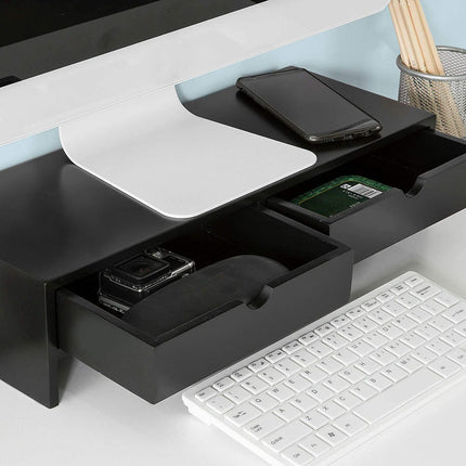 Black Monitor Stand Desk Organizer with 2 Drawers.