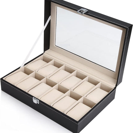 Black PU Leather Watch Organizer Display Storage Box Cases for Men & Women (12 slots).