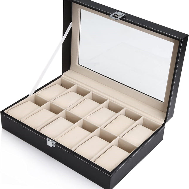 Black PU Leather Watch Organizer Display Storage Box Cases for Men & Women (12 slots).
