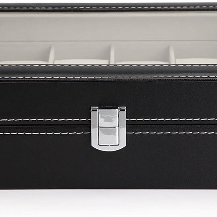 Black PU Leather Watch Organizer Display Storage Box Cases for Men & Women (12 slots).