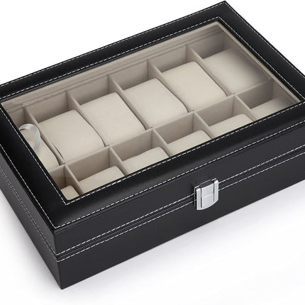 Black PU Leather Watch Organizer Display Storage Box Cases for Men & Women (12 slots).