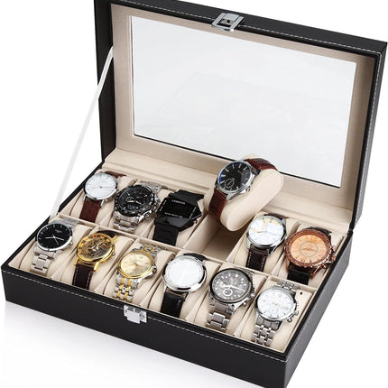 Black PU Leather Watch Organizer Display Storage Box Cases for Men & Women (12 slots).