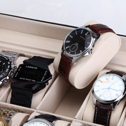 Black PU Leather Watch Organizer Display Storage Box Cases for Men & Women (12 slots).