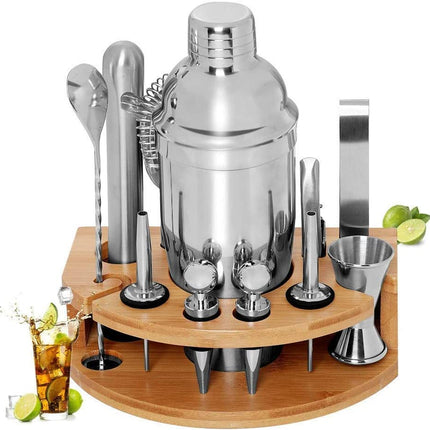 Cocktail Shaker Set Bartender Kit with Bamboo frame and 12 Pieces Stainless Steel Bar Tool Set.