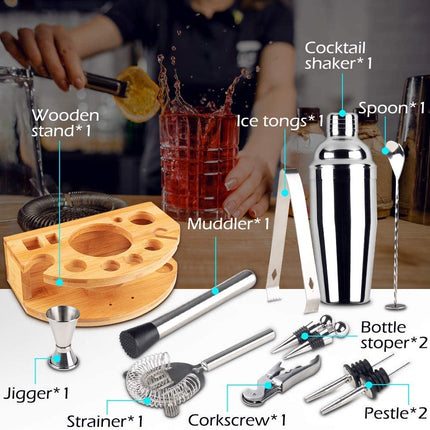 Cocktail Shaker Set Bartender Kit with Bamboo frame and 12 Pieces Stainless Steel Bar Tool Set.