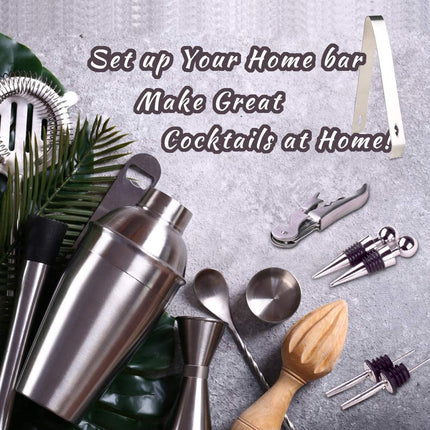 Cocktail Shaker Set Bartender Kit with Bamboo frame and 12 Pieces Stainless Steel Bar Tool Set.