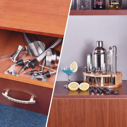 Cocktail Shaker Set Bartender Kit with Bamboo frame and 12 Pieces Stainless Steel Bar Tool Set.