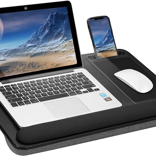 Portable Laptop Desk with Device Ledge, Mouse Pad and Phone Holder for Home Office (Black, 43cm).