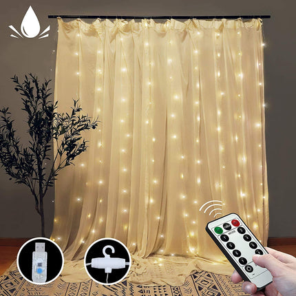300 LEDs Window Curtain Fairy Lights 8 Modes and Remote Control for Bedroom (Warm White, 300 x 300cm).