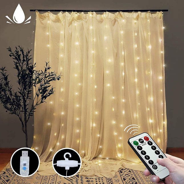 300 LEDs Window Curtain Fairy Lights 8 Modes and Remote Control for Bedroom (Warm White, 300 x 300cm).