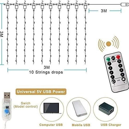 300 LEDs Window Curtain Fairy Lights 8 Modes and Remote Control for Bedroom (Warm White, 300 x 300cm).