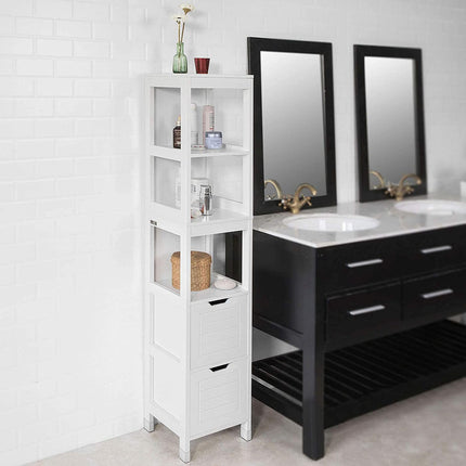 Freestanding Tall Cabinet with Standing Shelves and Drawers.