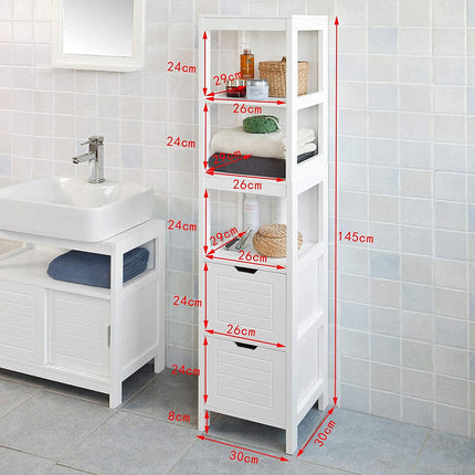 Freestanding Tall Cabinet with Standing Shelves and Drawers.