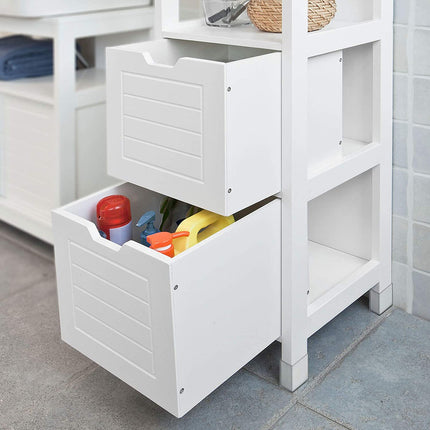 Freestanding Tall Cabinet with Standing Shelves and Drawers.