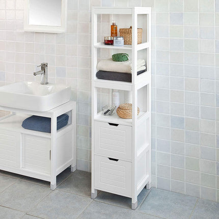 Freestanding Tall Cabinet with Standing Shelves and Drawers.