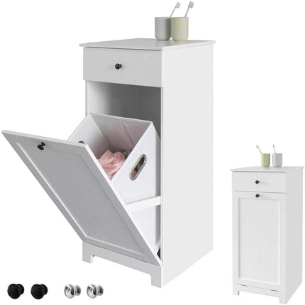 White Bathroom Cabinet with Laundry Basket and Drawer.