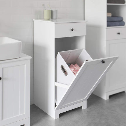 White Bathroom Cabinet with Laundry Basket and Drawer.