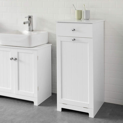 White Bathroom Cabinet with Laundry Basket and Drawer.