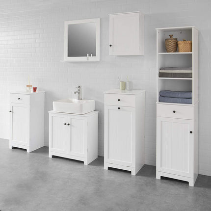 White Bathroom Cabinet with Laundry Basket and Drawer.