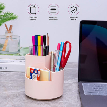 360 degree rotating multi-functional pen holder with 3 separate layer for office desk organiser (Pink).