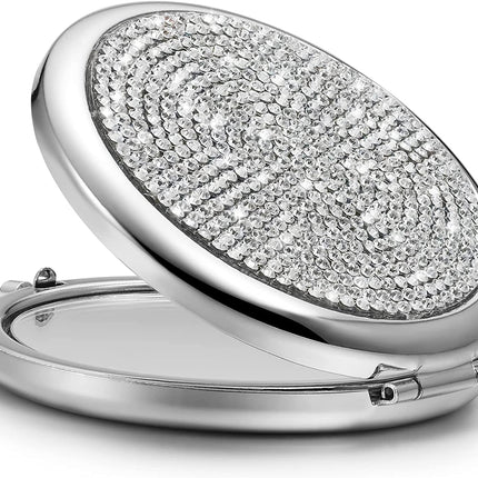 Mini Small Diamond 1X/2X Magnifying Round Metal Pocket Makeup Mirror (Silver).