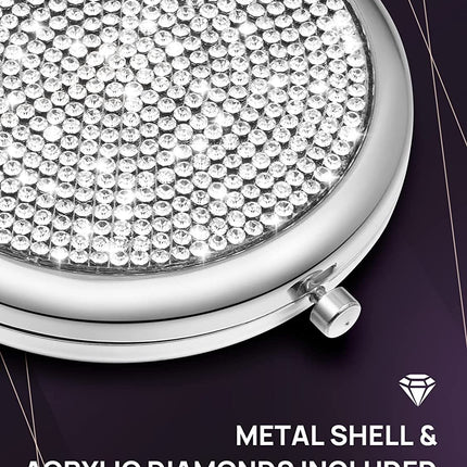 Mini Small Diamond 1X/2X Magnifying Round Metal Pocket Makeup Mirror (Silver).