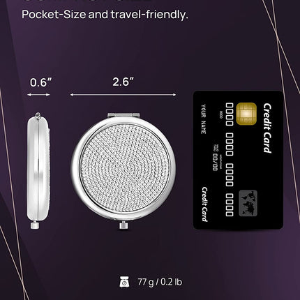 Mini Small Diamond 1X/2X Magnifying Round Metal Pocket Makeup Mirror (Silver).