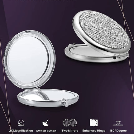 Mini Small Diamond 1X/2X Magnifying Round Metal Pocket Makeup Mirror (Silver).