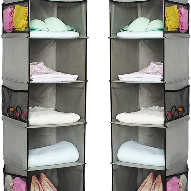 2 Pack 5 Foldable Shelf Hanging Closet Organizer Space Saver with Side Accessories Pockets for Clothes Storage.