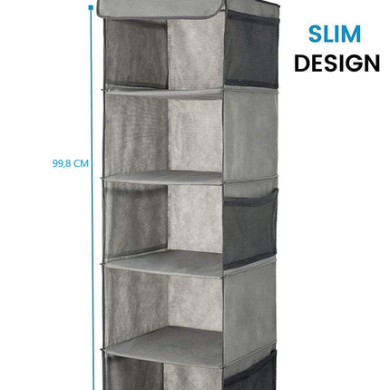2 Pack 5 Foldable Shelf Hanging Closet Organizer Space Saver with Side Accessories Pockets for Clothes Storage.