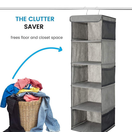 2 Pack 5 Foldable Shelf Hanging Closet Organizer Space Saver with Side Accessories Pockets for Clothes Storage.