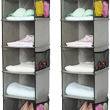 2 Pack 5 Foldable Shelf Hanging Closet Organizer Space Saver with Side Accessories Pockets for Clothes Storage.