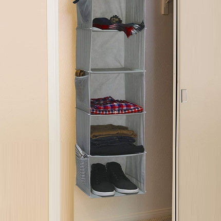 2 Pack 5 Foldable Shelf Hanging Closet Organizer Space Saver with Side Accessories Pockets for Clothes Storage.