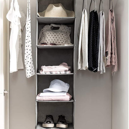 2 Pack 5 Foldable Shelf Hanging Closet Organizer Space Saver with Side Accessories Pockets for Clothes Storage.