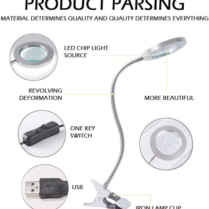 Lighting LED 8X Magnifying Lamp with Metal Clamp 360&deg; Flexible Gooseneck and USB Plug Design for Tattoo, Manicure and Reading.