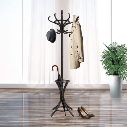 Brown Coat Rack with Stand Wooden Hat and 12 Hooks Hanger Walnut tree.