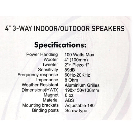 New Audioline Indoor Outdoor Speaker Pair 3-Way 4\" Bookshelf Wall / Ceiling Mount.