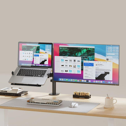 activiva Dual-Screen Articulating Monitor Arm with Interchangeable Laptop Holder.