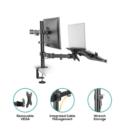 activiva Dual-Screen Articulating Monitor Arm with Interchangeable Laptop Holder.