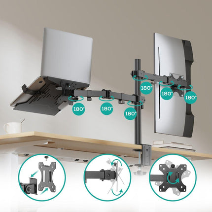 activiva Dual-Screen Articulating Monitor Arm with Interchangeable Laptop Holder.