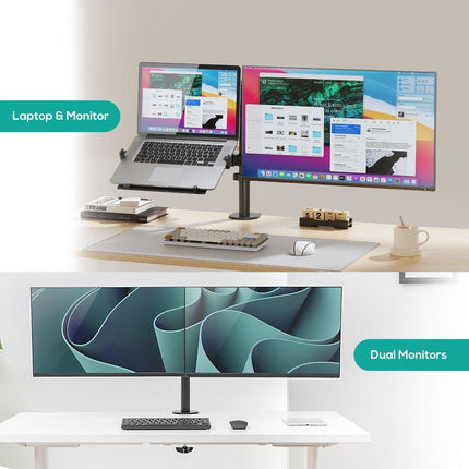 activiva Dual-Screen Articulating Monitor Arm with Interchangeable Laptop Holder.