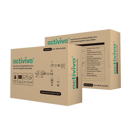 activiva Dual-Screen Articulating Monitor Arm with Interchangeable Laptop Holder.