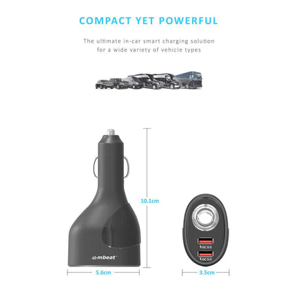 mbeat Gorilla Power Dual Port QC 3.0 Car Charger With Cigar Lighter Socket.