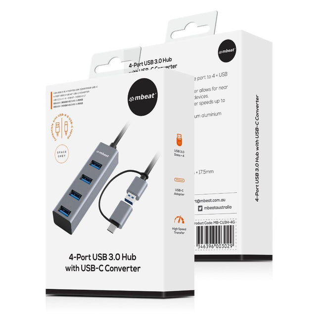 mbeat 4-Port USB 3.0 Hub with 2-in-1 USB 3.0 & USB-C Converter - Space Grey.