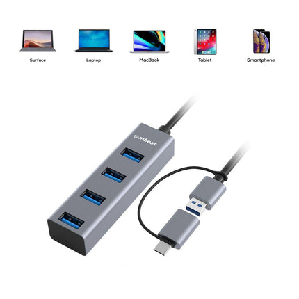 mbeat 4-Port USB 3.0 Hub with 2-in-1 USB 3.0 & USB-C Converter - Space Grey.