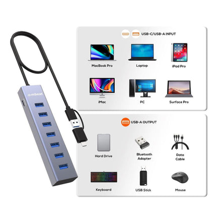 mbeat 7-Port USB Hub with Dual USB-A & USB-C Connector.