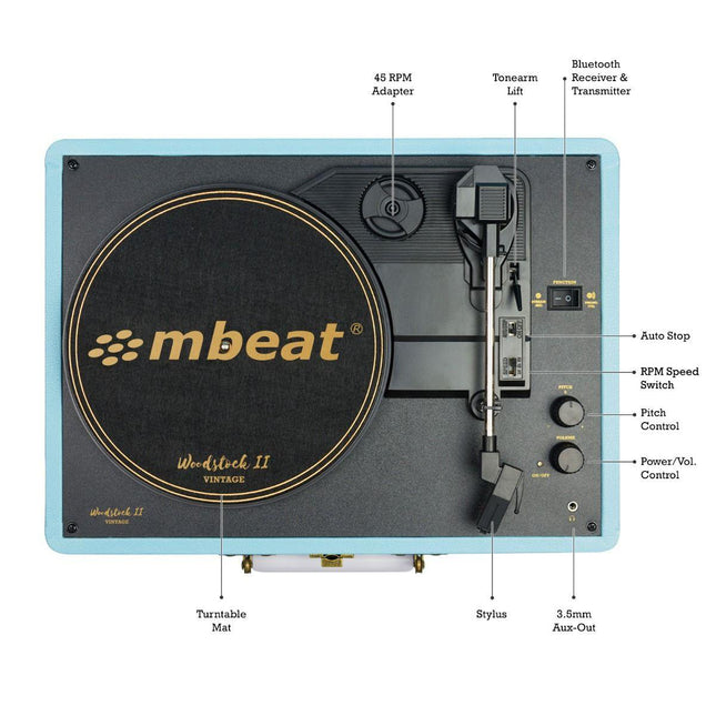 mbeat Woodstock II Sky Blue Retro Bluetooth (TX/RX) Turntable.